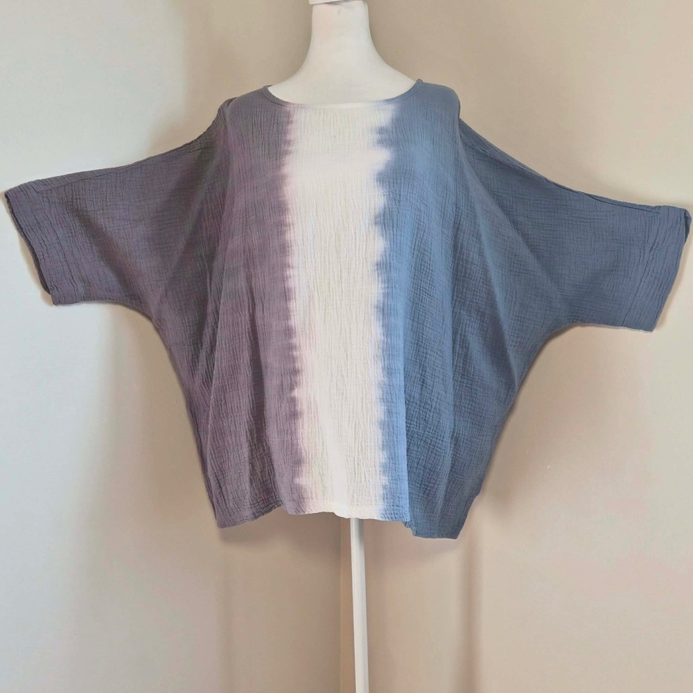 Jess & Jane 3 Tone Hand Dyed Mineral Washed 100% Gauzy Crinkle Cotton Boxy Top L